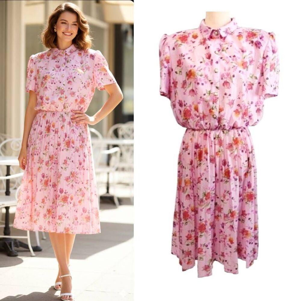 VTG 80s Pink Floral Midi Dress Gold Floral Pearl Buttons 20P *XLP Cottagecore‎